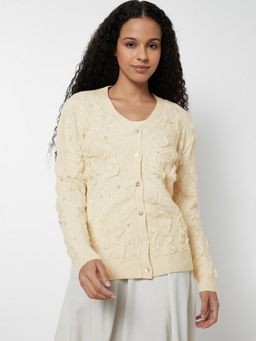 max - Women Beige Jacquard Beaded Cardigan