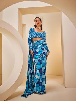 THE ROYALEUM ATELIER - Women's Blue Checks Print Saree with Stitched Blouse and Petticoat