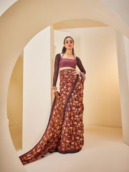 THE ROYALEUM ATELIER - Women's Brown Printed Saree with Stitched Blouse and Petticoat