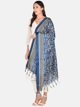 Dupatta Bazaar - Women's Warli Printed Blue Art Silk Dupatta