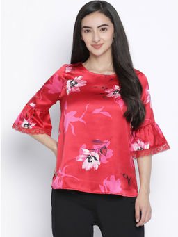 Oxolloxo - Sizzle Red Floral Print Women Nightwear Top