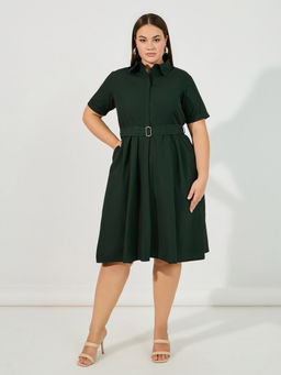 Styli - Olive Plus Solid Short Sleeve Shirt Knee Length Dress with Belt (Set of 2)