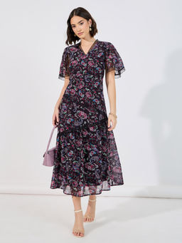 Styli - Black V-Neck Floral Print Short Sleeves Midi Dress