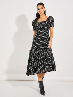 Styli - Black Polka Dots Square Neck Half Sleeves Sheath Midi Dress
