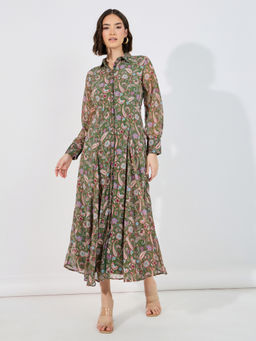 Styli - Green Floral Print A-Line Shirt Midi Dress