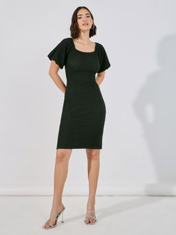 Styli - Olive Puff Sleeves Sqaure Neck Bodycon Knee Length Dress