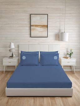 LANE LINEN - 300TC Super King Cotton Bedsheet With 2 Pillow Covers - Blue