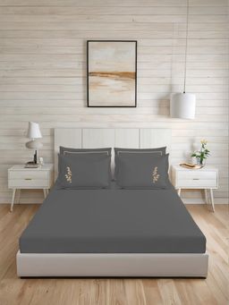LANE LINEN - 300TC Super King Cotton Bedsheet With 2 Pillow Covers - Charcoal