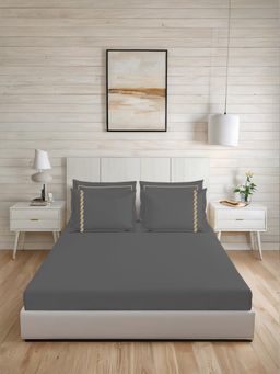 LANE LINEN - 300TC Super King Cotton Bedsheet With 2 Pillow Covers - Charcoal