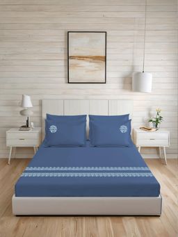 LANE LINEN - 300TC Super King Cotton Bedsheet With 2 Pillow Covers - Blue