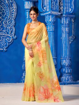 Garden VARELI - Women Yellow Organza Floral Printed Cut-Border Saree with Unstitched Blouse