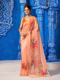 Garden VARELI - Women Peach Organza Floral Printed Cut-Border Saree with Unstitched Blouse