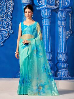 Garden VARELI - Women Turquoise Organza Floral Printed Cut-Border Saree with Unstitched Blouse