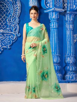 Garden VARELI - Women Green Organza Floral Printed Cut-Border Saree with Unstitched Blouse
