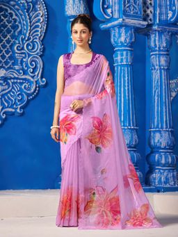 Garden VARELI - Women Lavender Organza Floral Printed Cut-Border Saree with Unstitched Blouse