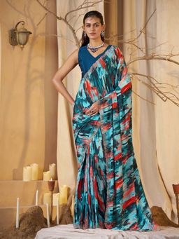 Garden VARELI - Women Turquoise Brushstroke Print Crepe Saree with Unstitched Blouse