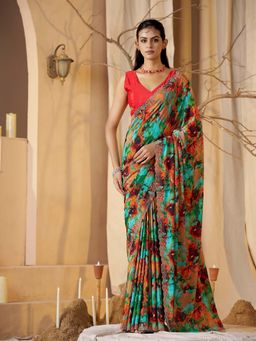 Garden VARELI - Women Turquoise Brushstroke Print Crepe Saree with Unstitched Blouse