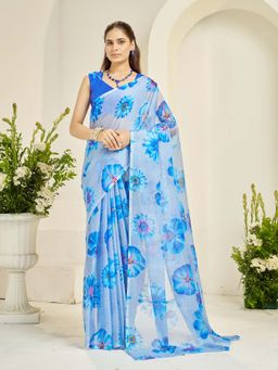 Garden VARELI - Women Blue Floral Print Nara Chiffon Saree with Unstitched Blouse