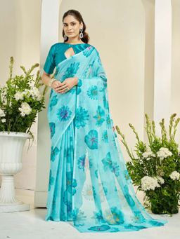 Garden VARELI - Women Turquoise Floral Print Nara Chiffon Saree with Unstitched Blouse