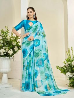 Garden VARELI - Women Turquoise Floral Print Nara Chiffon Saree with Unstitched Blouse