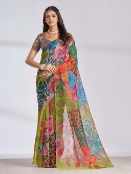 Garden VARELI - Women Multi-Color Organza Floral Printed Saree with Unstitched Blouse