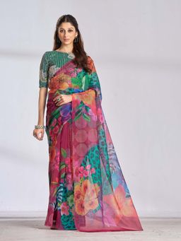 Garden VARELI - Women Multi-Color Organza Floral Printed Saree with Unstitched Blouse