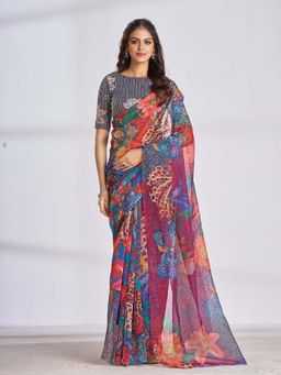 Garden VARELI - Women Multi-Color Organza Floral Printed Saree with Unstitched Blouse