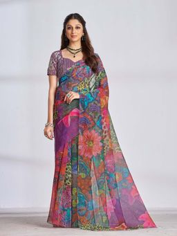 Garden VARELI - Women Multi-Color Organza Floral Printed Saree with Unstitched Blouse