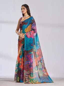 Garden VARELI - Women Multi-Color Organza Floral Printed Saree with Unstitched Blouse