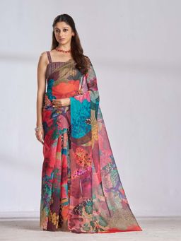 Garden VARELI - Women Multi-Color Organza Floral Printed Saree with Unstitched Blouse