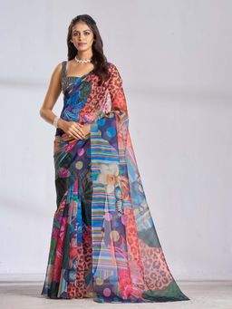 Garden VARELI - Women Multi-Color Organza Floral Printed Saree with Unstitched Blouse