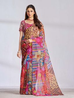 Garden VARELI - Women Multi-Color Organza Floral Printed Saree with Unstitched Blouse