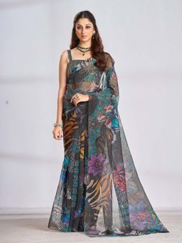 Garden VARELI - Women Multi-Color Organza Floral Printed Saree with Unstitched Blouse