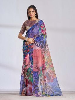 Garden VARELI - Women Multi-Color Organza Floral Printed Saree with Unstitched Blouse