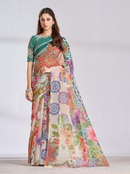 Garden VARELI - Women Multi-Color Organza Floral Printed Saree with Unstitched Blouse