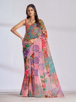 Garden VARELI - Women Multi-Color Organza Floral Printed Saree with Unstitched Blouse