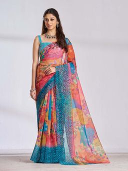 Garden VARELI - Women Multi-Color Organza Floral Printed Saree with Unstitched Blouse