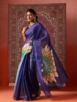 Silk Land - Women Blue Floral Printed Cotton Silk Tissue Saree with Unstitched Blouse