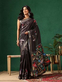 Silk Land - Women Black Digital Printed Art Silk Saree with Unstitched Blouse