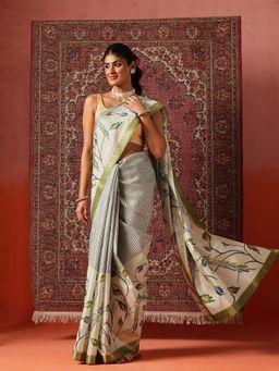 Silk Land - Women Beige Digital Printed Art Silk Saree with Unstitched Blouse