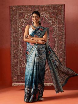 Silk Land - Women Teal Digital Printed Art Silk Saree with Unstitched Blouse
