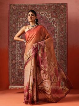 Silk Land - Women Rust Floral Printed Cotton Silk Tissue Saree with Unstitched Blouse