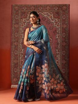 Silk Land - Women Blue Floral Printed Cotton Silk Tissue Saree with Unstitched Blouse