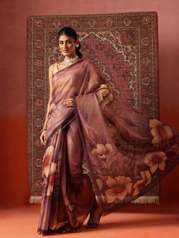 Silk Land - Women Brown Floral Printed Cotton Silk Tissue Saree with Unstitched Blouse