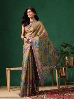 Silk Land - Women Olive Floral Printed Cotton Silk Tissue Saree with Unstitched Blouse