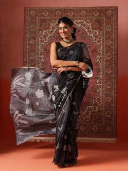 Silk Land - Women Grey Digital Printed Chanderi Saree with Unstitched Blouse