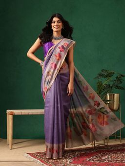 Silk Land - Women Lavender Digital Printed Chanderi Saree with Unstitched Blouse