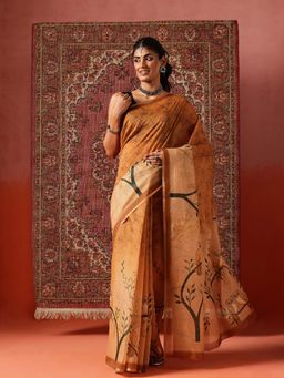 Silk Land - Women Brown Digital Printed Chanderi Saree with Unstitched Blouse