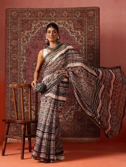 Silk Land - Women Brown Digital Printed Chanderi Saree with Unstitched Blouse