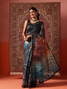 Silk Land - Women Teal Digital Printed Chanderi Saree with Unstitched Blouse